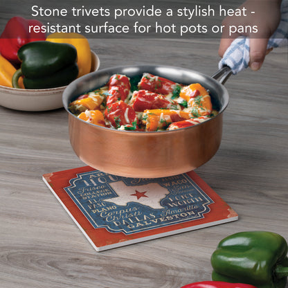 Thirstystone Texas Cities Decorative Heat Tolerant Stone Trivet with Non-Skid Cork Backing 8” Square