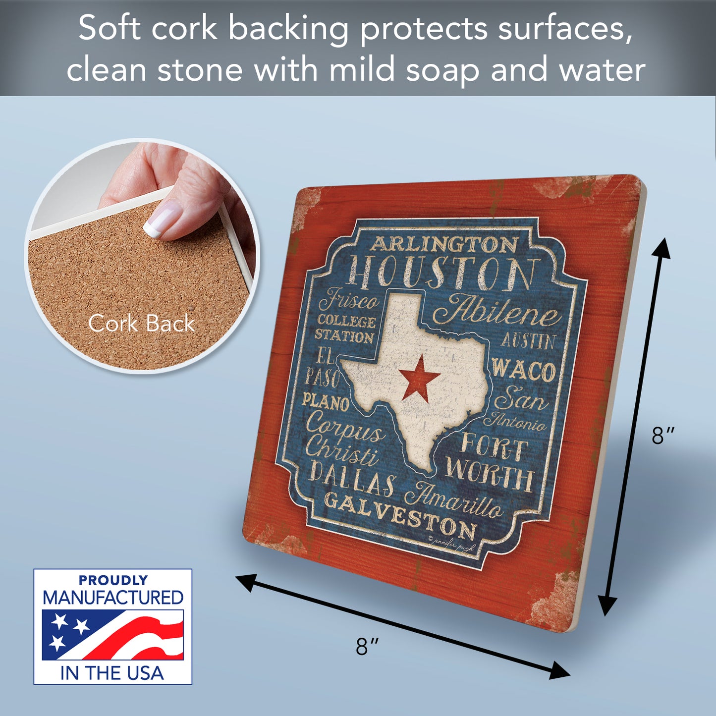 Thirstystone Texas Cities Decorative Heat Tolerant Stone Trivet with Non-Skid Cork Backing 8” Square