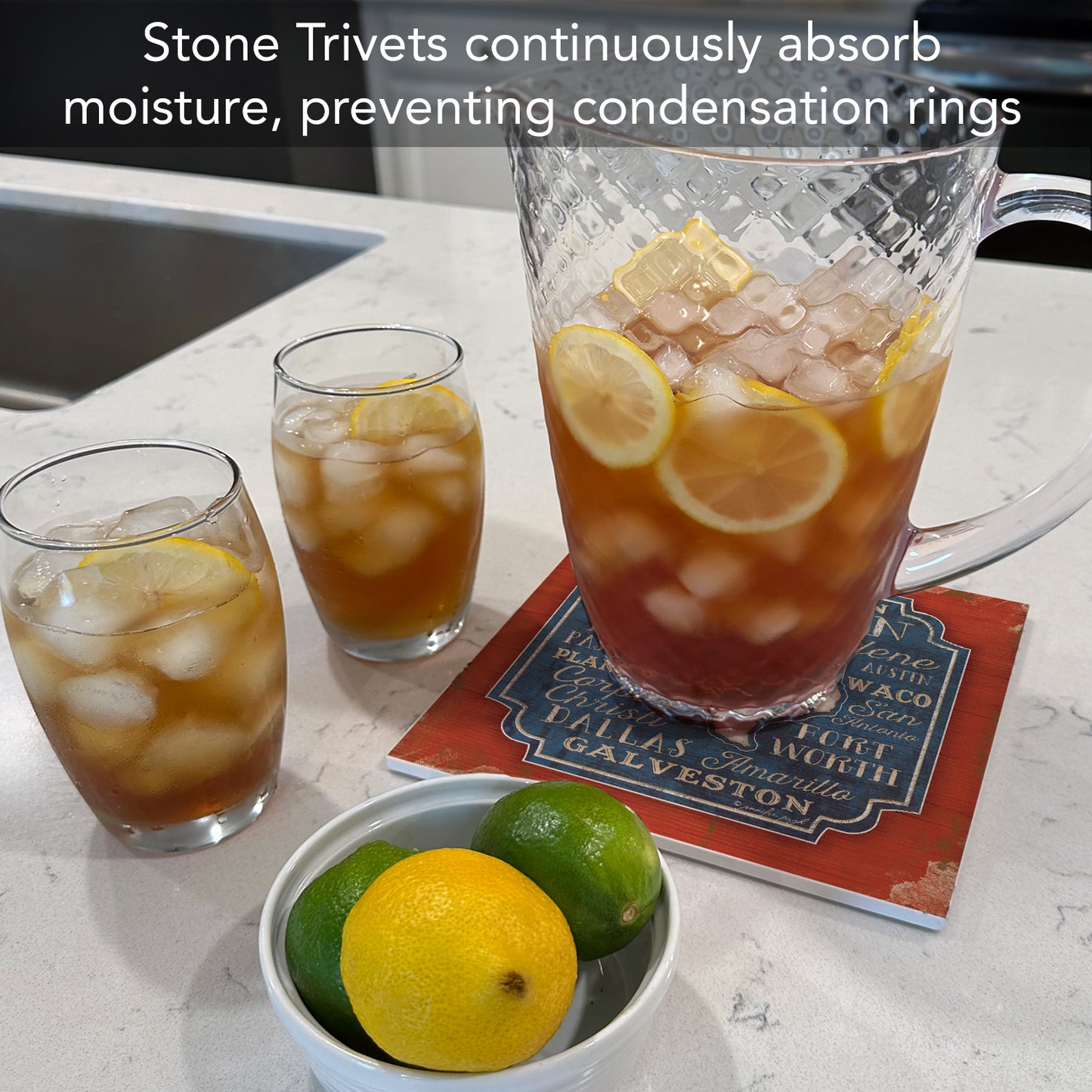 Thirstystone Texas Cities Decorative Heat Tolerant Stone Trivet with Non-Skid Cork Backing 8” Square