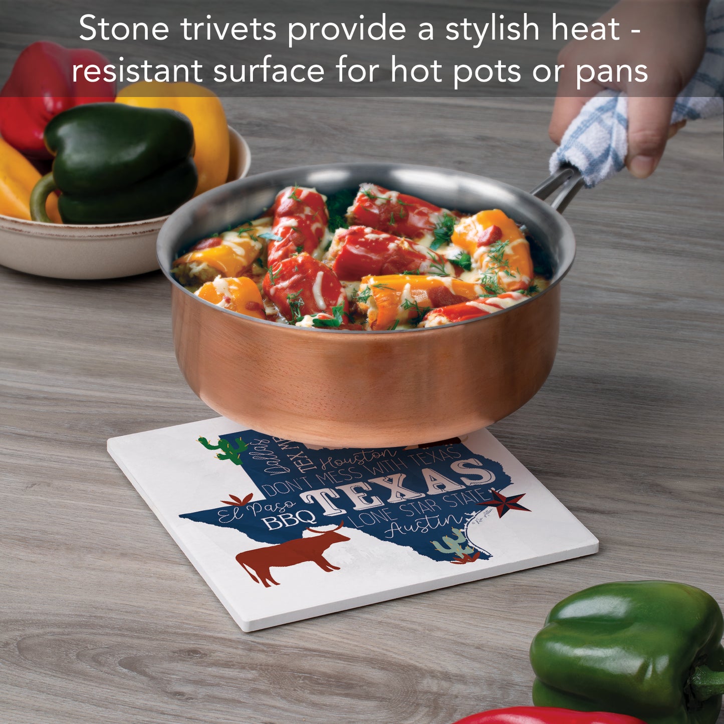 Thirstystone Texas Favorites Decorative Heat Tolerant Stone Trivet with Non-Skid Cork Backing 8” Square