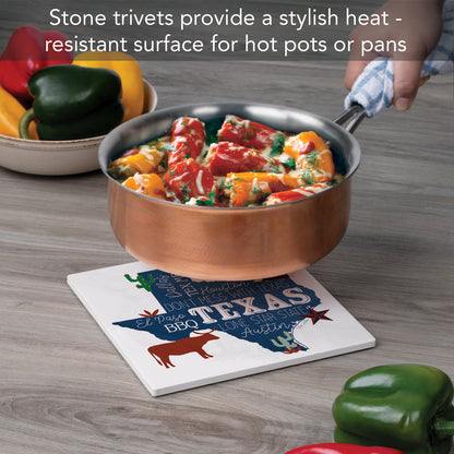 Thirstystone Texas Favorites Decorative Heat Tolerant Stone Trivet with Non-Skid Cork Backing 8” Square