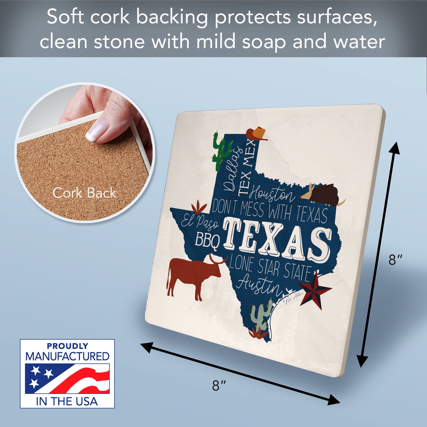 Thirstystone Texas Favorites Decorative Heat Tolerant Stone Trivet with Non-Skid Cork Backing 8” Square