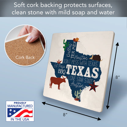 Thirstystone Texas Favorites Decorative Heat Tolerant Stone Trivet with Non-Skid Cork Backing 8” Square