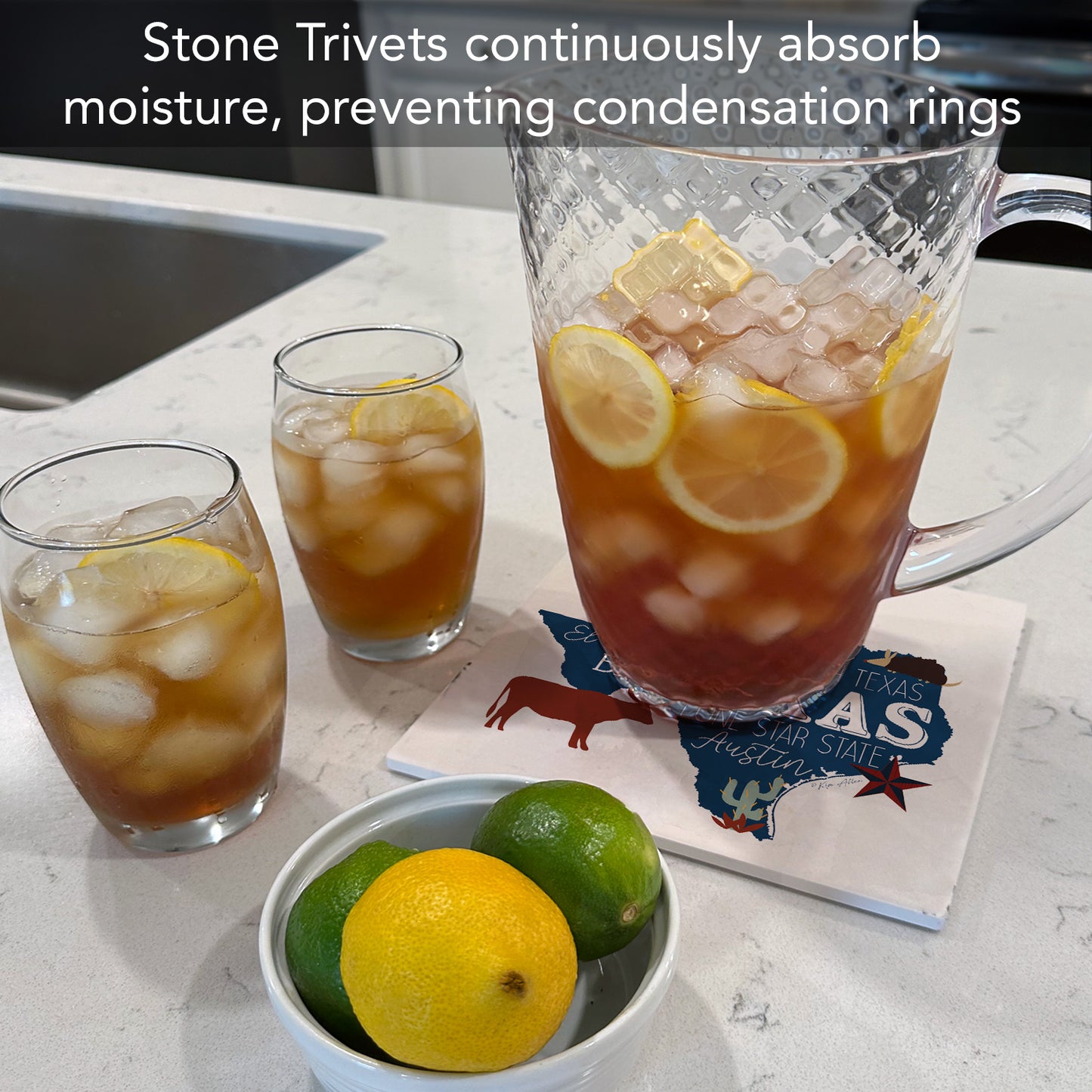 Thirstystone Texas Favorites Decorative Heat Tolerant Stone Trivet with Non-Skid Cork Backing 8” Square