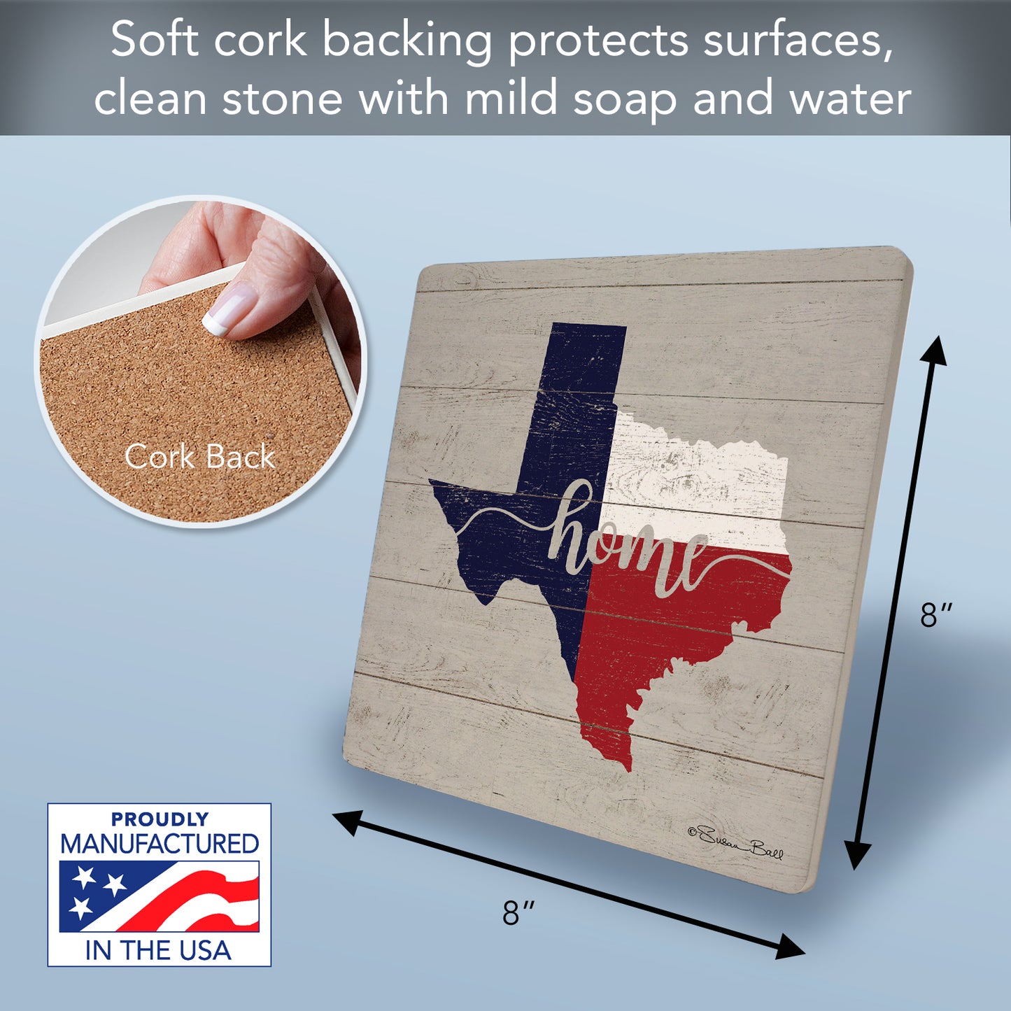 Thirstystone Texas Flag Home Decorative Heat Tolerant Stone Trivet with Non-Skid Cork Backing 8” Square