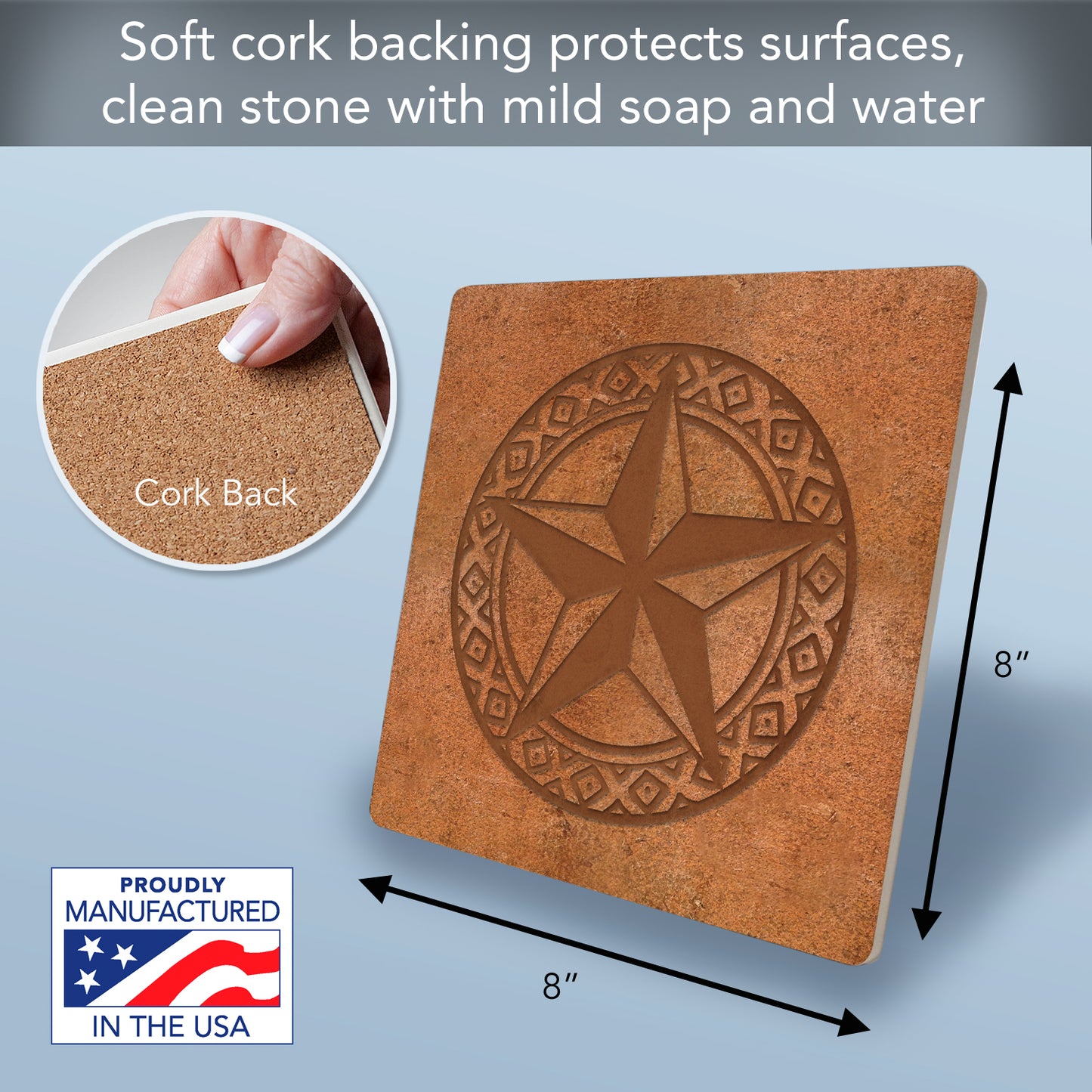 Thirstystone Leather Lonestar Decorative Heat Tolerant Stone Trivet with Non-Skid Cork Backing 8” Square