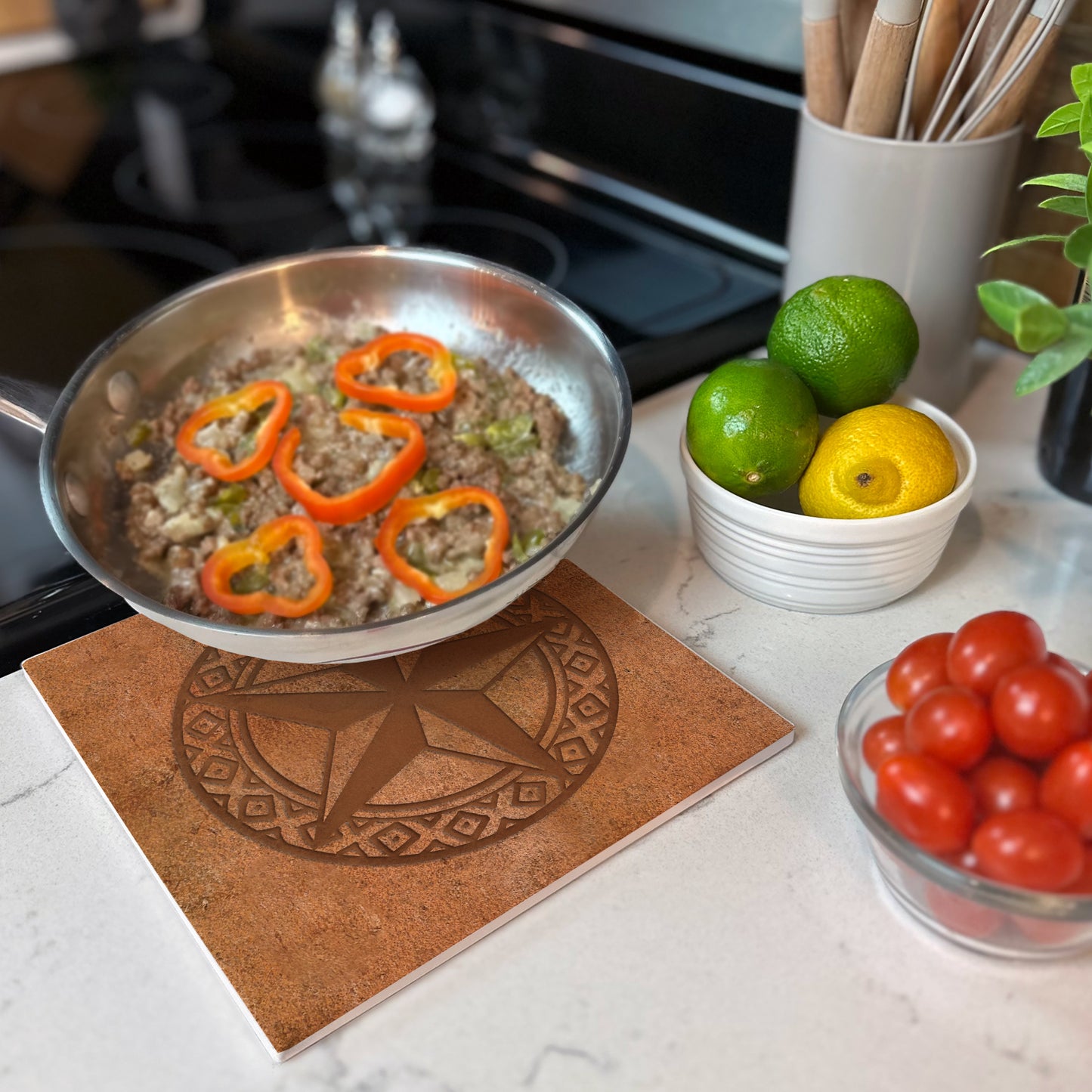 Thirstystone Leather Lonestar Decorative Heat Tolerant Stone Trivet with Non-Skid Cork Backing 8” Square