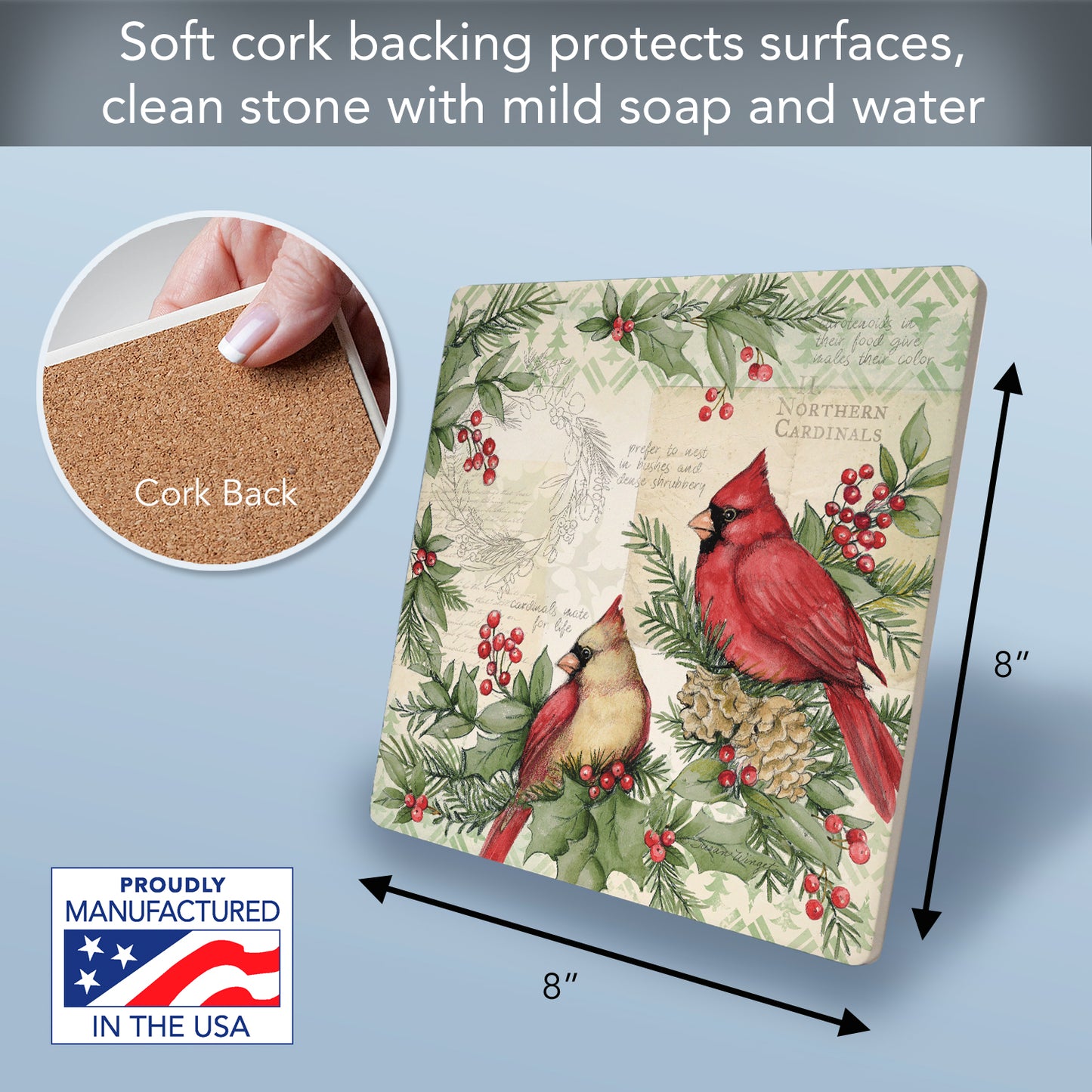 Thirstystone Holiday Cardinal Decorative Heat Tolerant Stone Trivet with Non-Skid Cork Backing 8”
