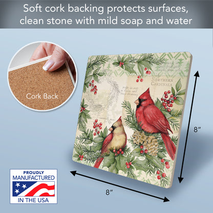Thirstystone Holiday Cardinal Decorative Heat Tolerant Stone Trivet with Non-Skid Cork Backing 8”