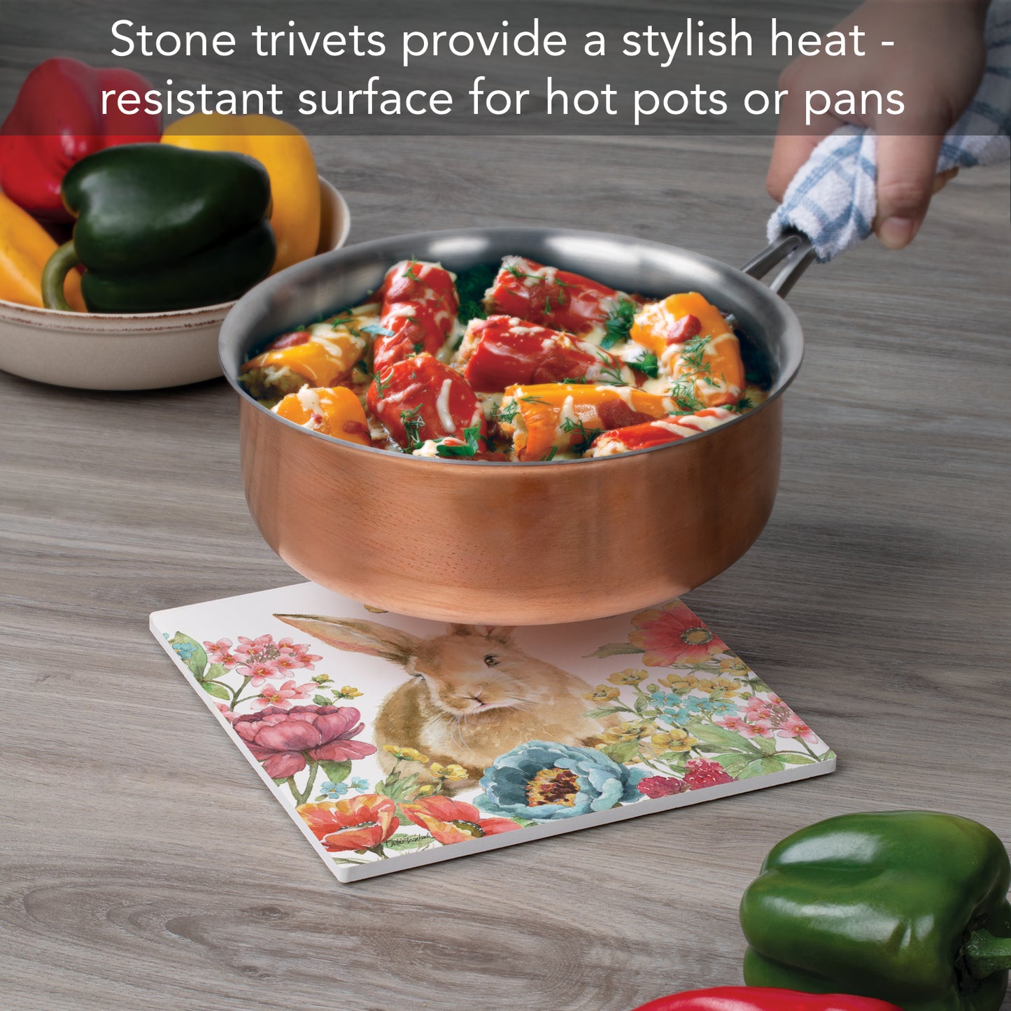 Thirstystone Garden Bunny Decorative Heat Tolerant Stone Trivet with Non-Skid Cork Backing 8” Square