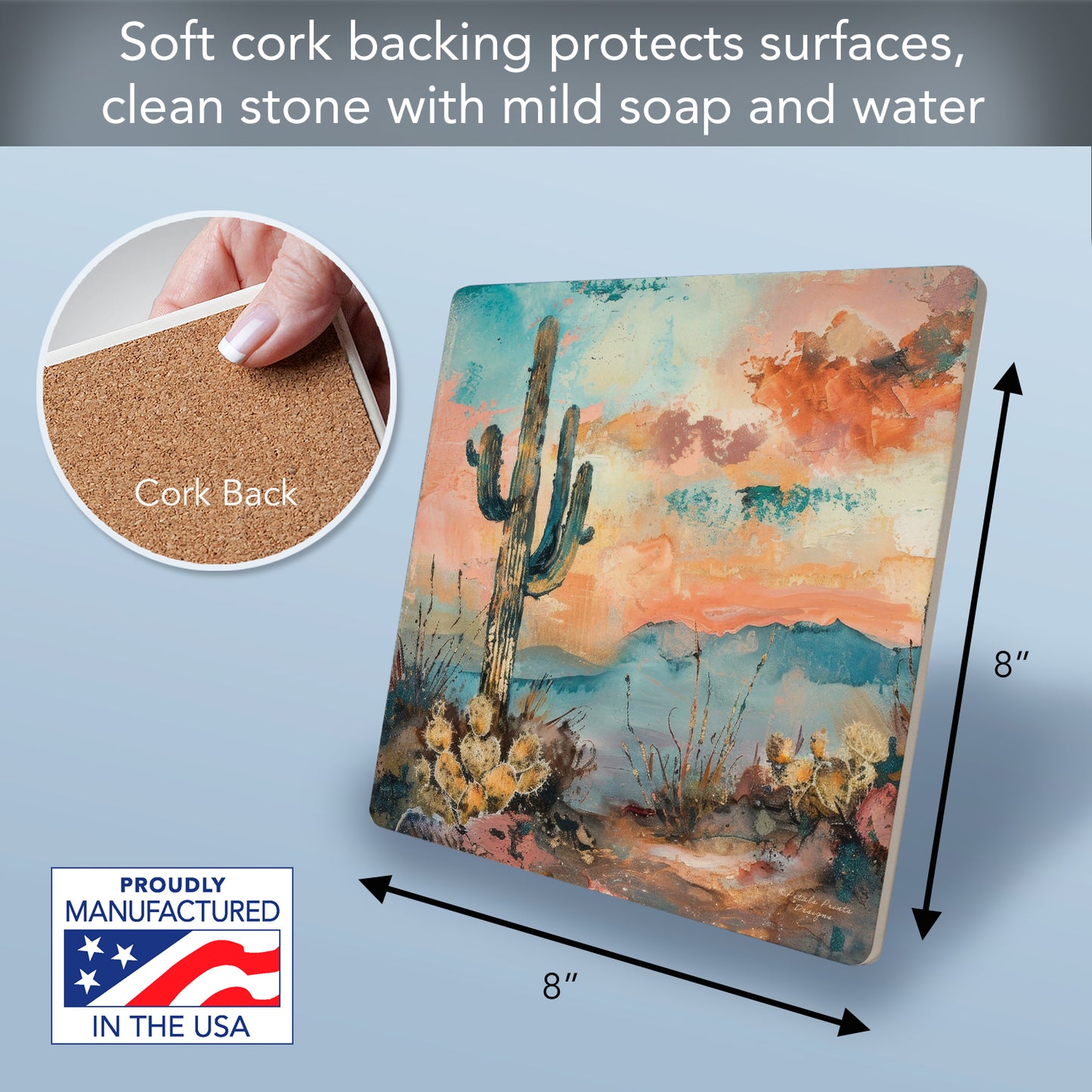 Thirstystone Desert Dream Decorative Heat Tolerant Stone Trivet with Non-Skid Cork Backing 8” Square