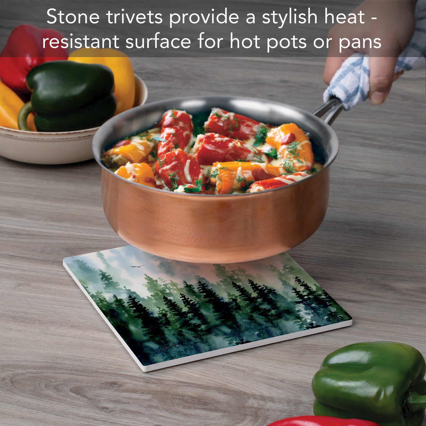 Thirstystone Misty Tree Line Decorative Heat Tolerant Stone Trivet with Non-Skid Cork Backing 8” Square