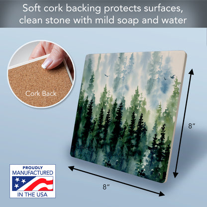 Thirstystone Misty Tree Line Decorative Heat Tolerant Stone Trivet with Non-Skid Cork Backing 8” Square