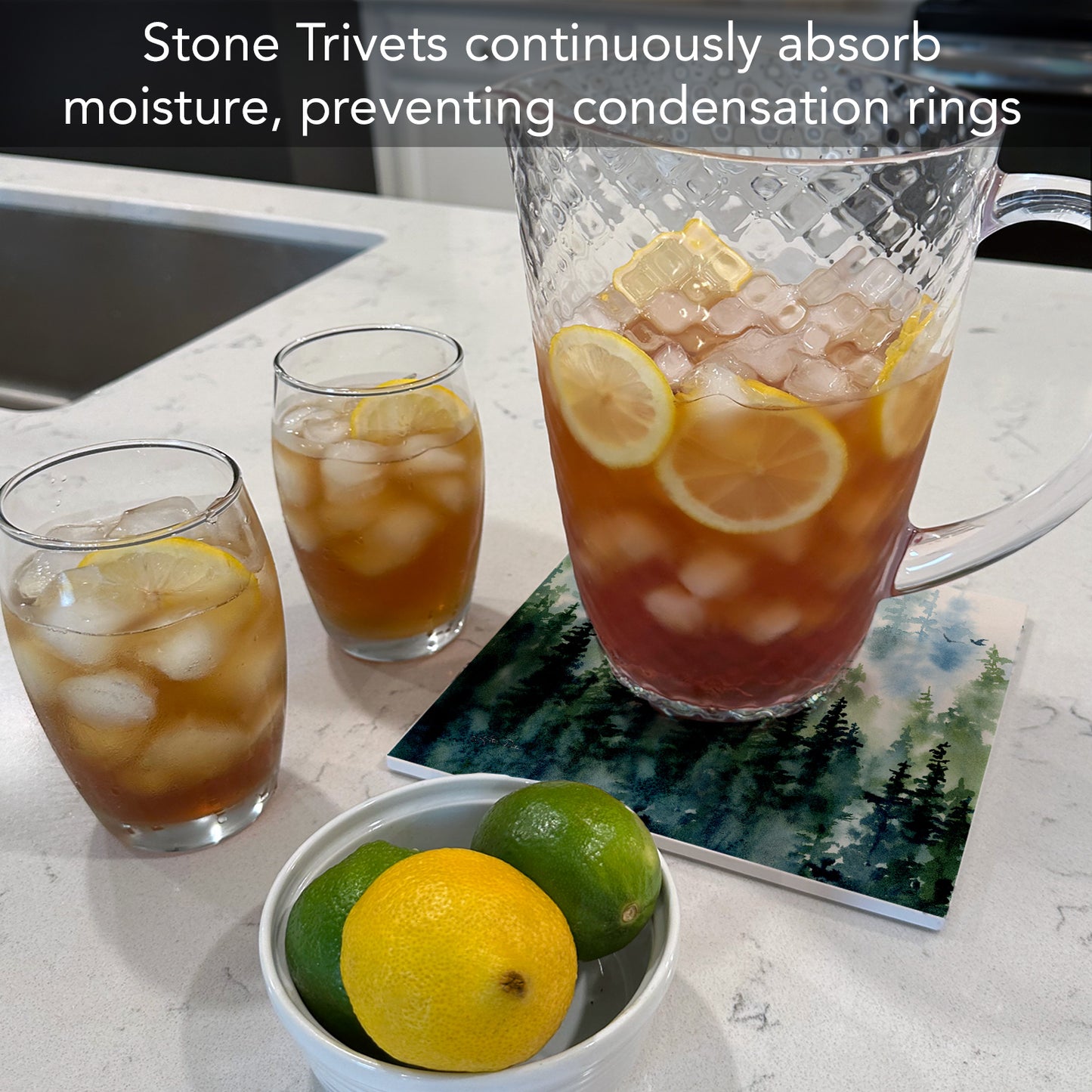 Thirstystone Misty Tree Line Decorative Heat Tolerant Stone Trivet with Non-Skid Cork Backing 8” Square