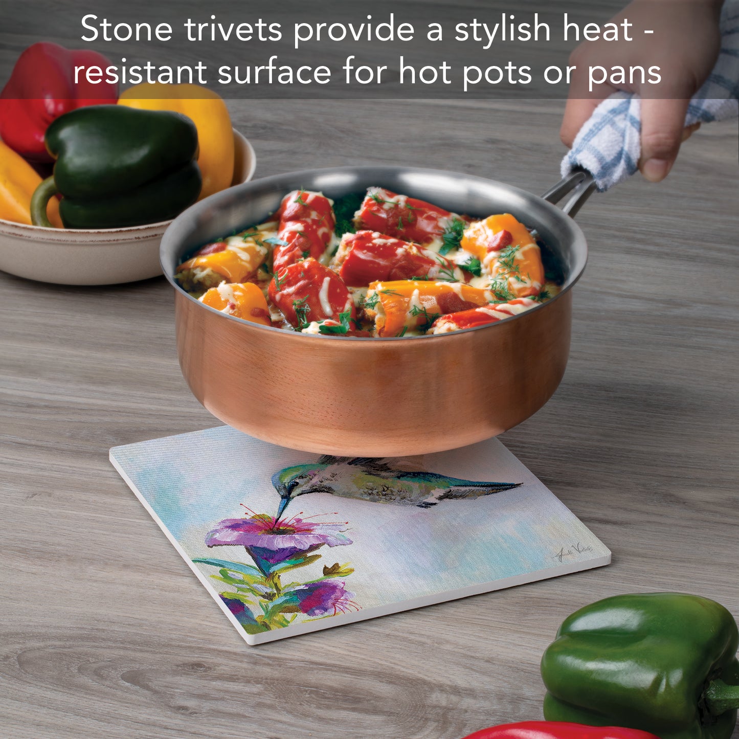 Thirstystone Hummingbird Delight Decorative Heat Tolerant Stone Trivet with Non-Skid Cork Backing 8” Square