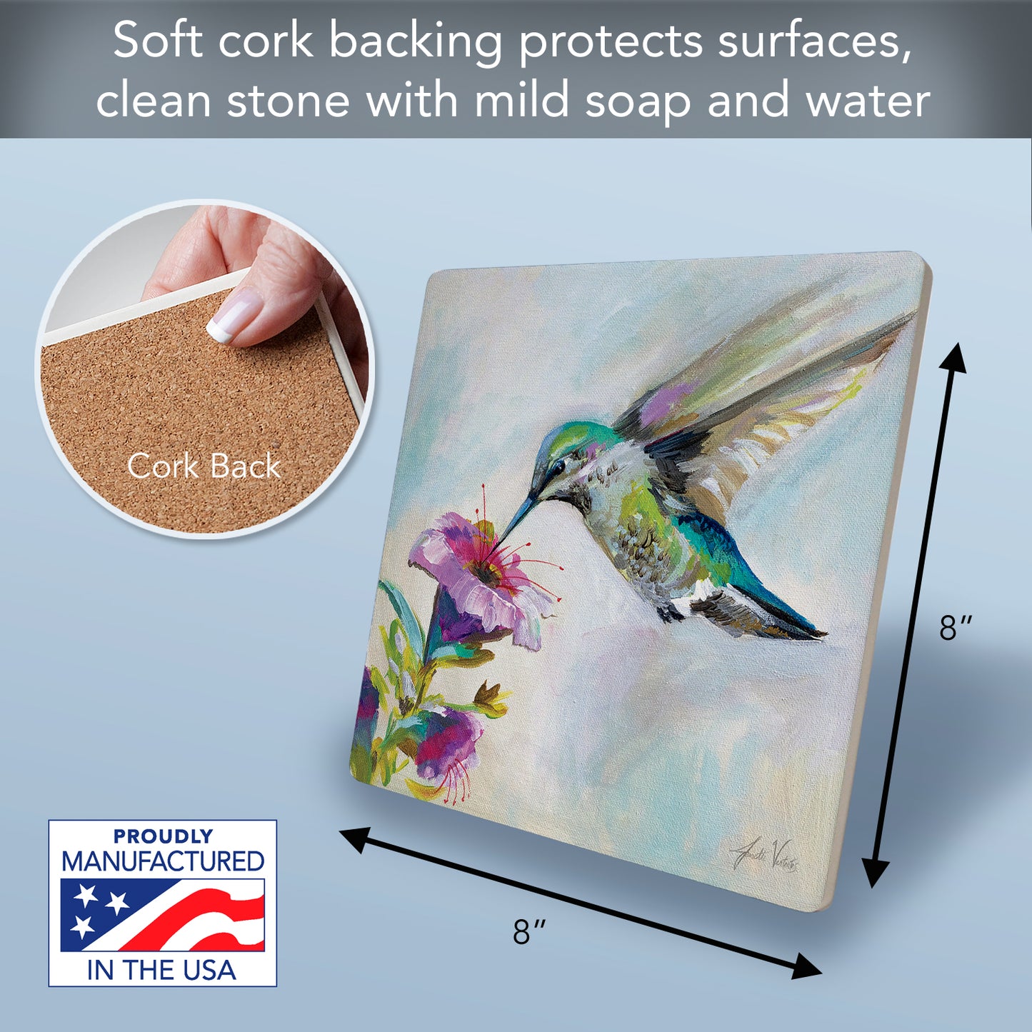 Thirstystone Hummingbird Delight Decorative Heat Tolerant Stone Trivet with Non-Skid Cork Backing 8” Square