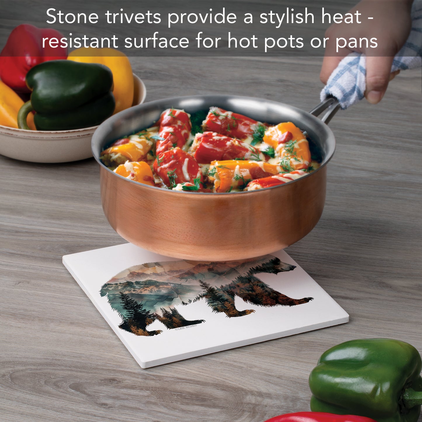 Thirstystone Bear Silhouette Decorative Heat Tolerant Stone Trivet with Non-Skid Cork Backing 8” Square