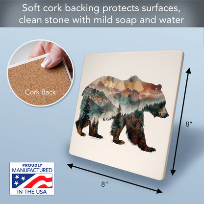 Thirstystone Bear Silhouette Decorative Heat Tolerant Stone Trivet with Non-Skid Cork Backing 8” Square