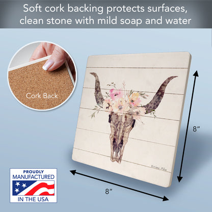 Thirstystone Desert Skull Decorative Heat Tolerant Stone Trivet with Non-Skid Cork Backing 8” Square