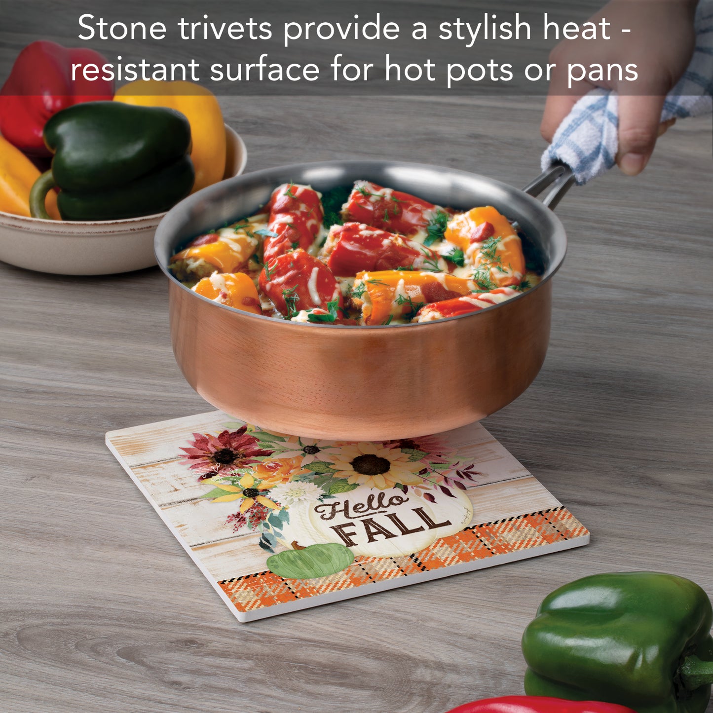 Thirstystone Hello Fall Heat Tolerant Stone Trivet with Non-Skid Cork Backing 8” Square