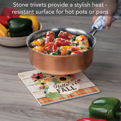Thirstystone Hello Fall Heat Tolerant Stone Trivet with Non-Skid Cork Backing 8” Square