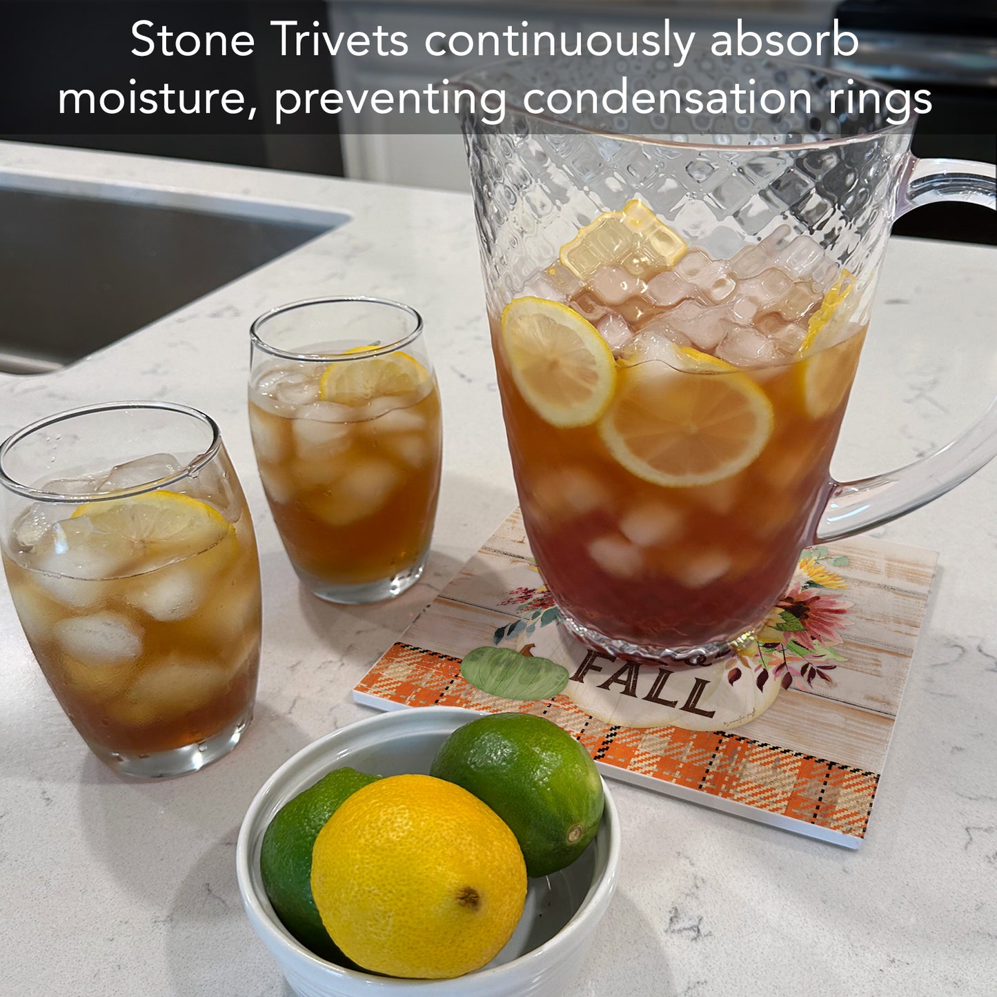 Thirstystone Hello Fall Heat Tolerant Stone Trivet with Non-Skid Cork Backing 8” Square