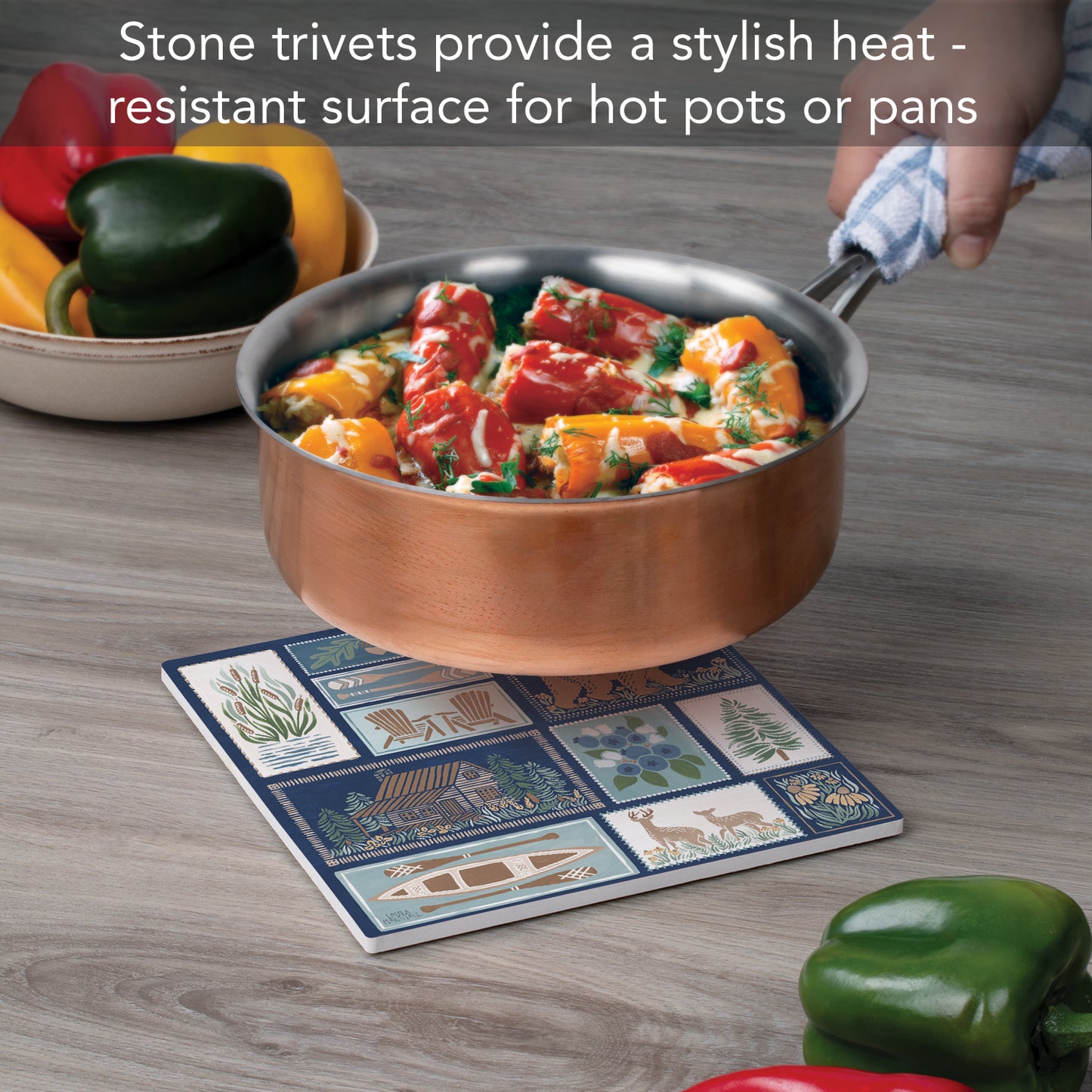 Thirstystone Lakeside Days Decorative Heat Tolerant Stone Trivet with Non-Skid Cork Backing 8” Square