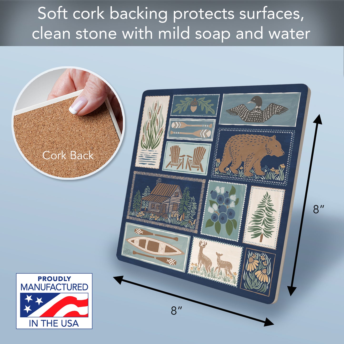 Thirstystone Lakeside Days Decorative Heat Tolerant Stone Trivet with Non-Skid Cork Backing 8” Square