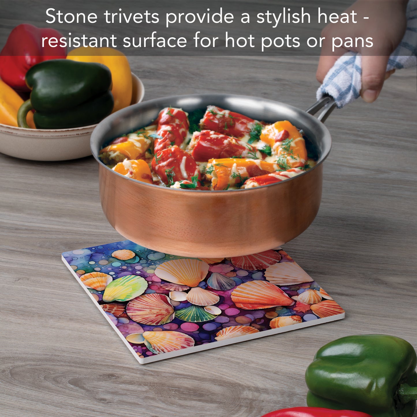 Thirstystone Bright Shells Decorative Heat Tolerant Stone Trivet with Non-Skid Cork Backing 8” Square