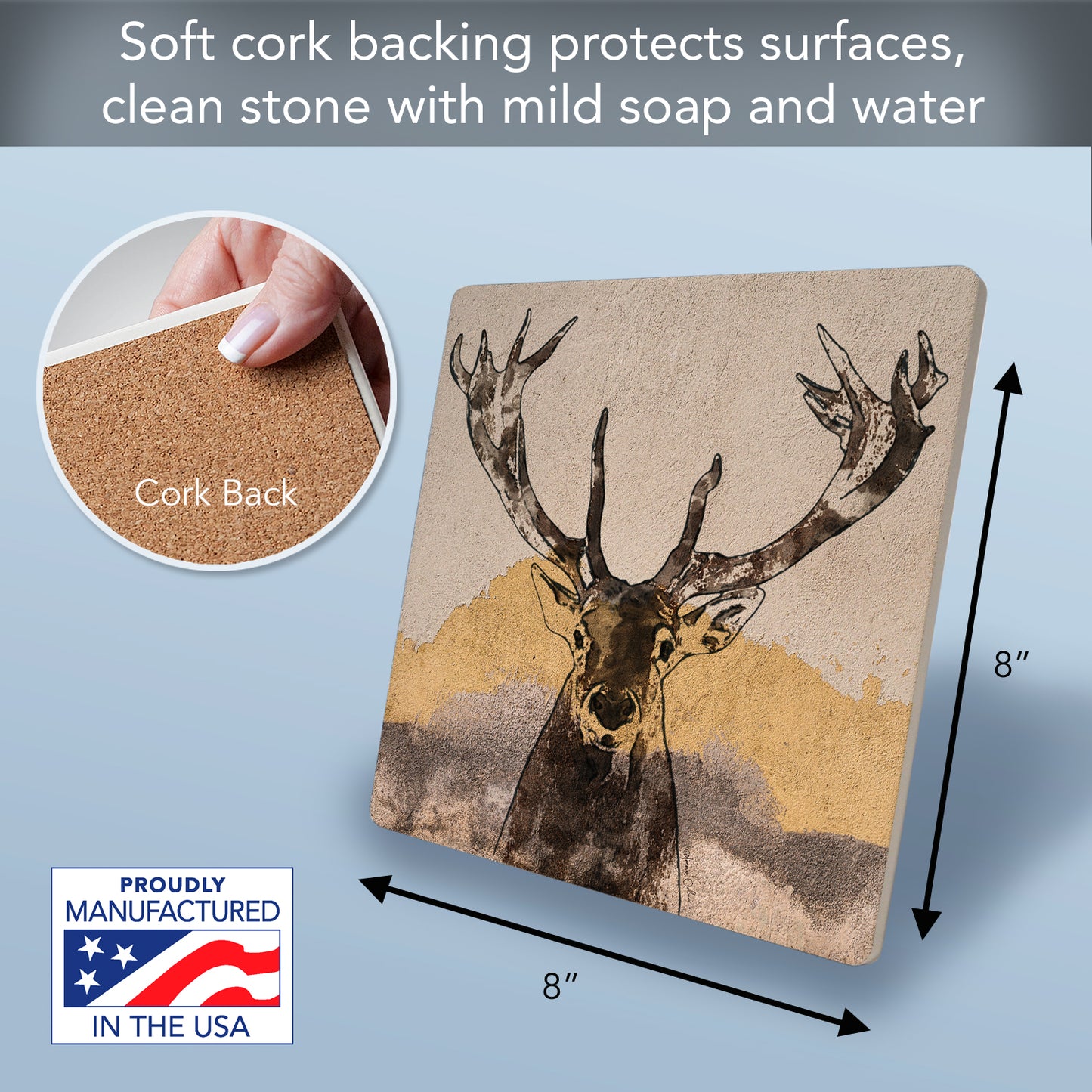 Thirstystone Whitetail Deer Decorative Heat Tolerant Stone Trivet with Non-Skid Cork Backing 8” Square