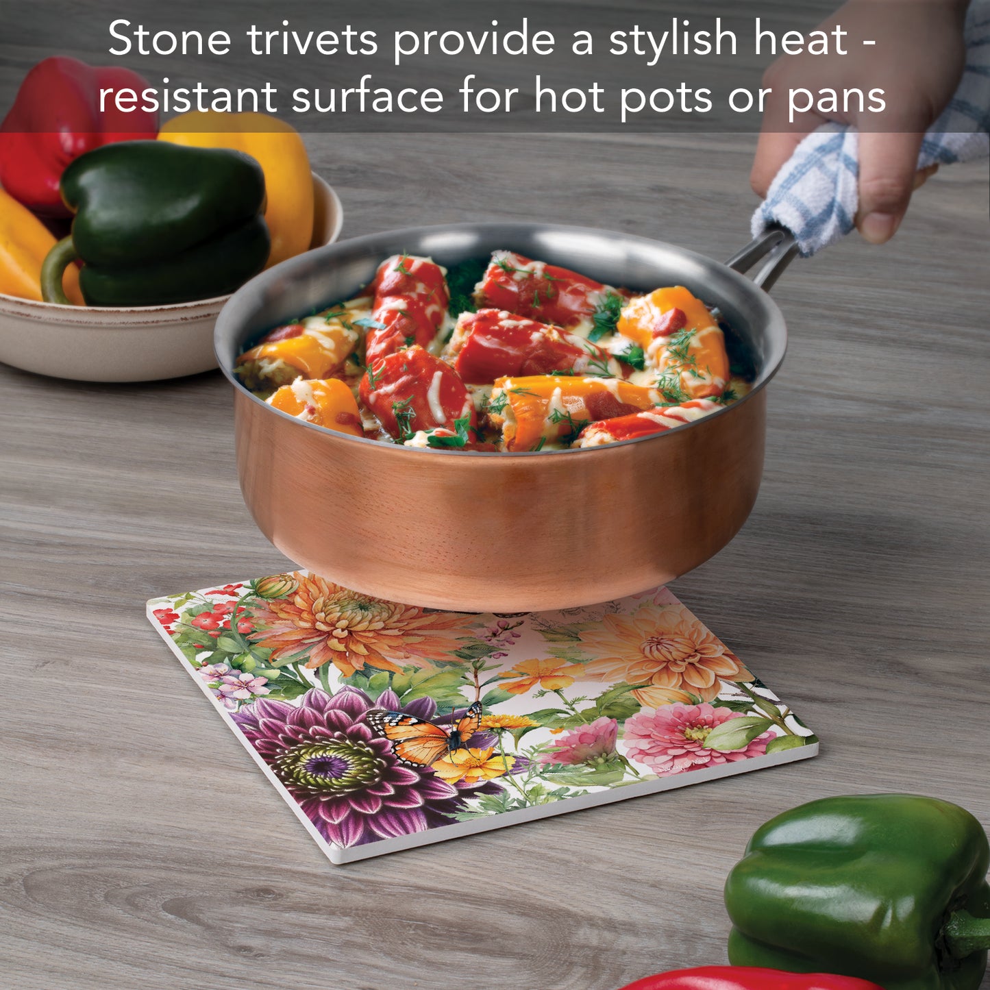 Thirstystone Botanica Decorative Heat Tolerant Stone Trivet with Non-Skid Cork Backing 8” Square