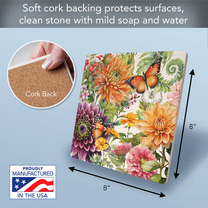 Thirstystone Botanica Decorative Heat Tolerant Stone Trivet with Non-Skid Cork Backing 8” Square
