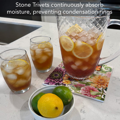 Thirstystone Botanica Decorative Heat Tolerant Stone Trivet with Non-Skid Cork Backing 8” Square