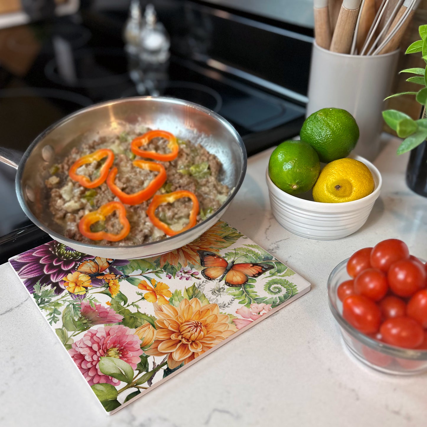 Thirstystone Botanica Decorative Heat Tolerant Stone Trivet with Non-Skid Cork Backing 8” Square