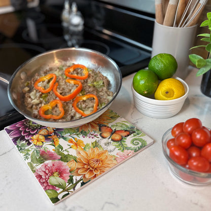 Thirstystone Botanica Decorative Heat Tolerant Stone Trivet with Non-Skid Cork Backing 8” Square