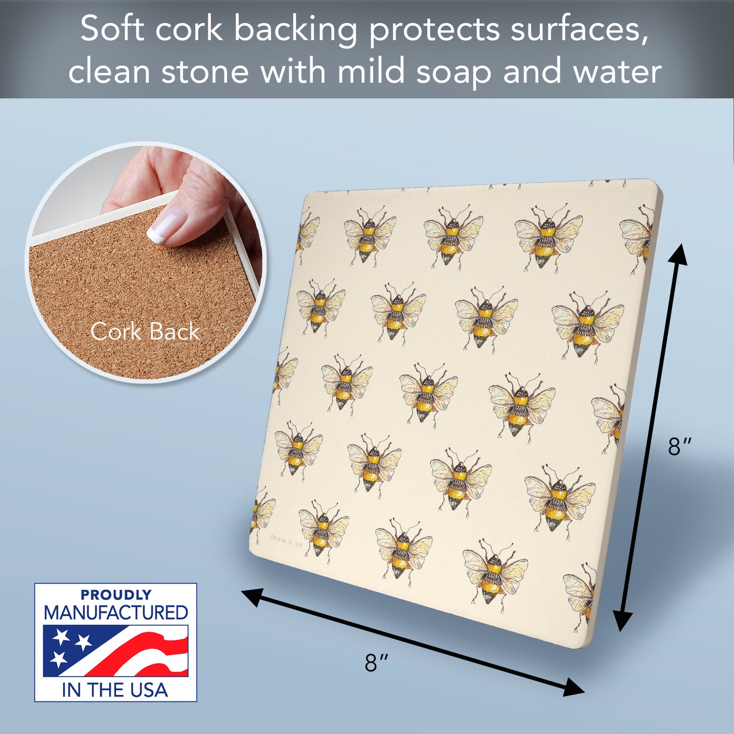 Thirstystone Bee Pattern Decorative Heat Tolerant Stone Trivet with Non-Skid Cork Backing 8” Square