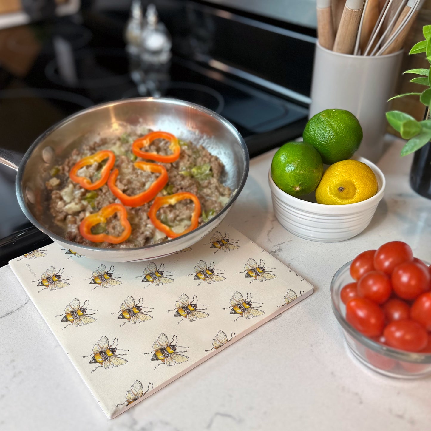 Thirstystone Bee Pattern Decorative Heat Tolerant Stone Trivet with Non-Skid Cork Backing 8” Square