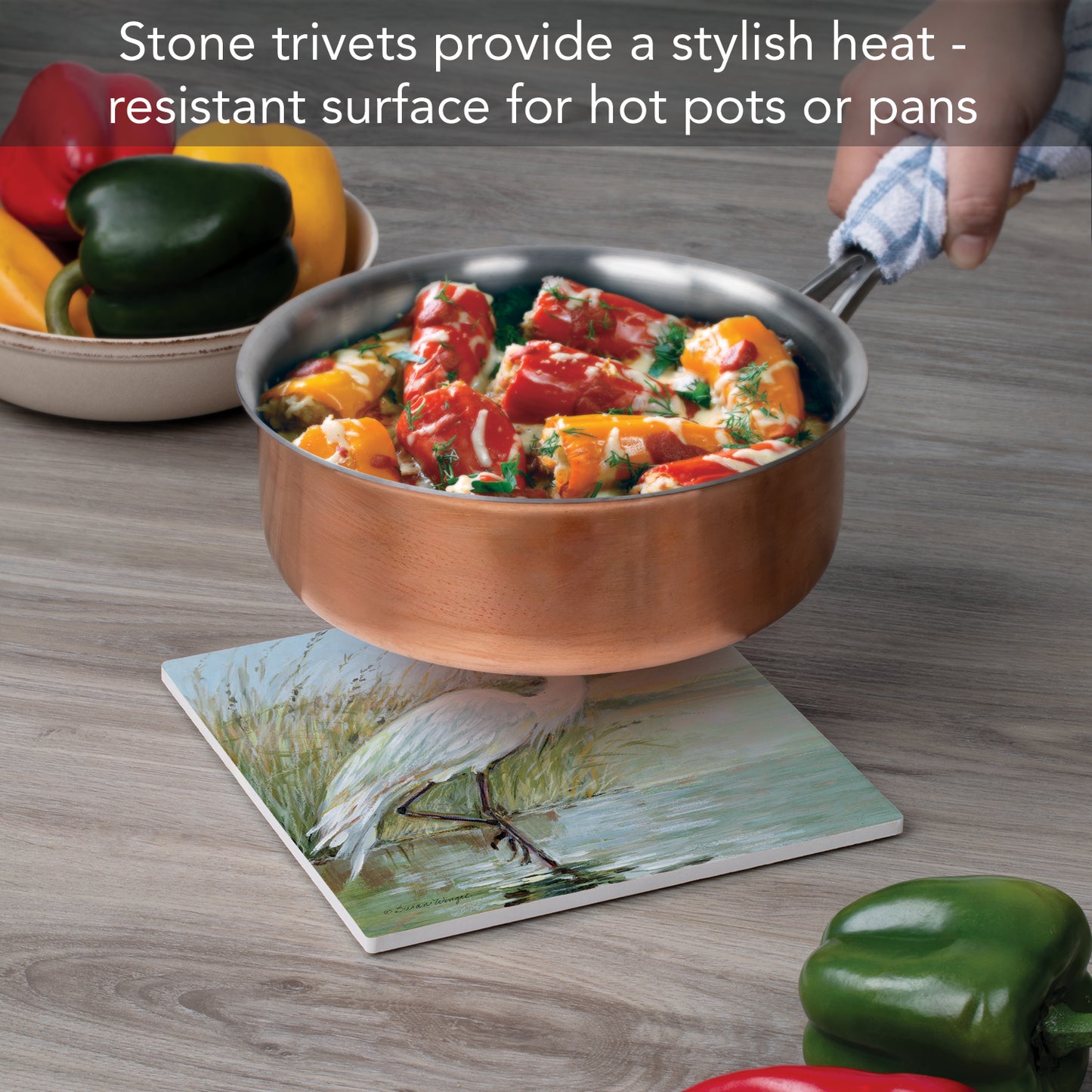 Thirstystone Coastal Egret Decorative Heat Tolerant Stone Trivet with Non-Skid Cork Backing 8” Square