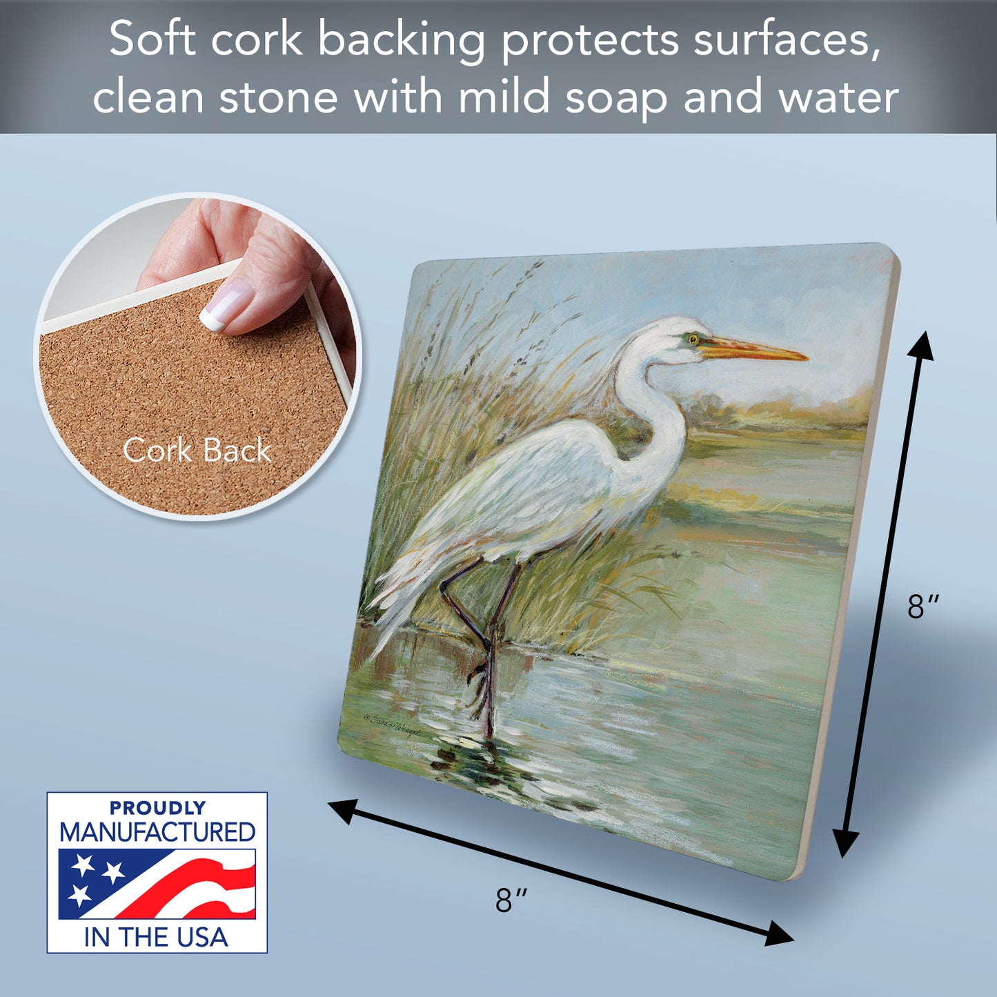 Thirstystone Coastal Egret Decorative Heat Tolerant Stone Trivet with Non-Skid Cork Backing 8” Square