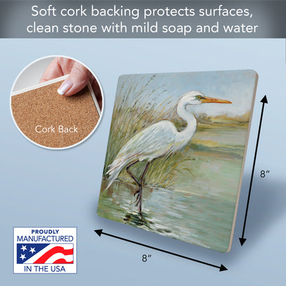 Thirstystone Coastal Egret Decorative Heat Tolerant Stone Trivet with Non-Skid Cork Backing 8” Square