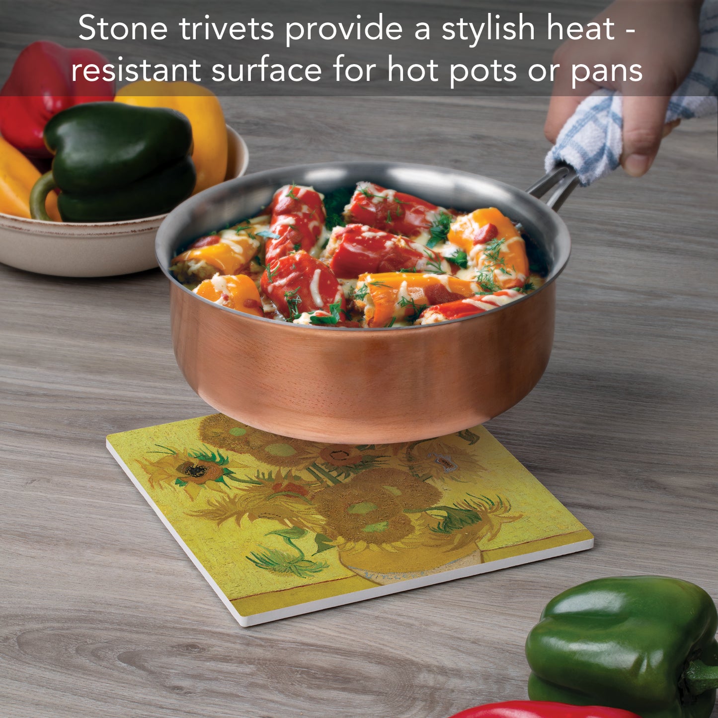 Thirstystone Van Gogh Sunflowers Decorative Heat Tolerant Stone Trivet with Non-Skid Cork Backing 8” Square Artistic, Durable, Easily Wipes Clean