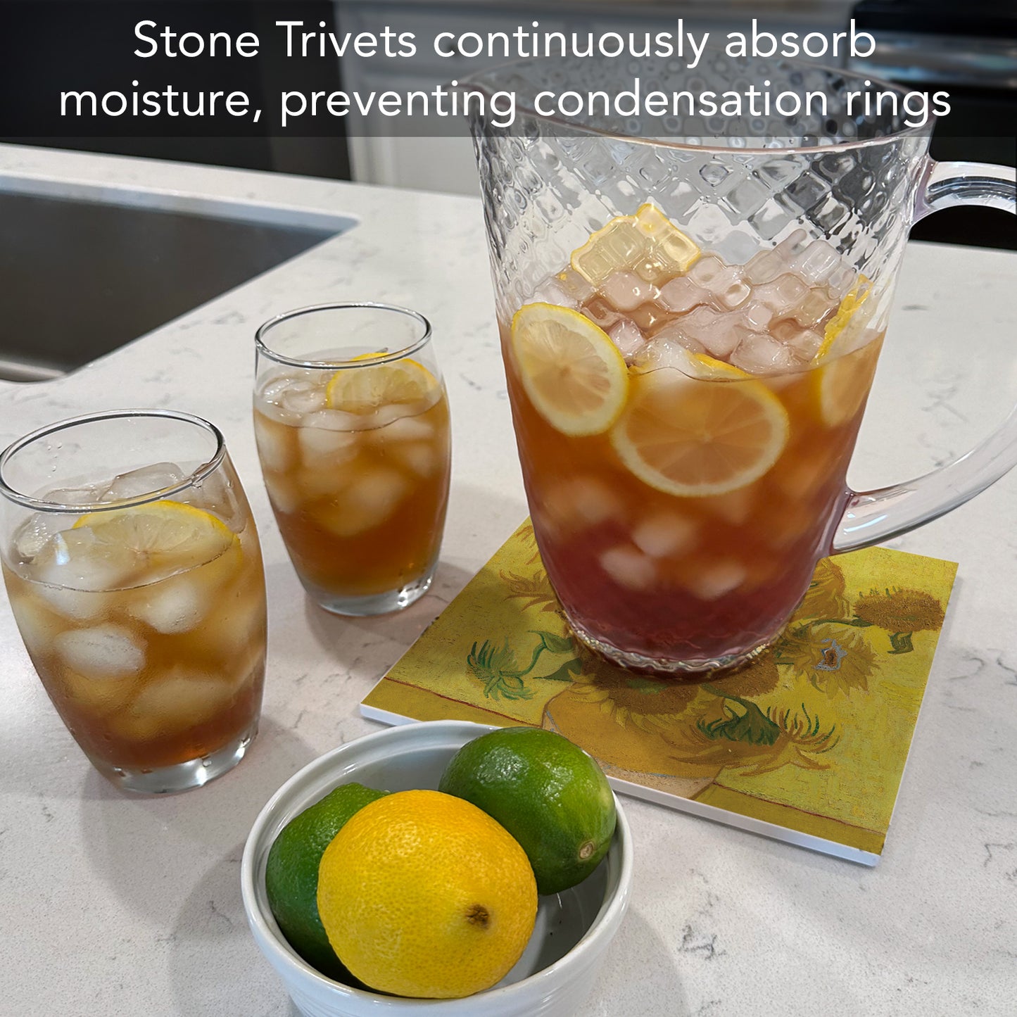 Thirstystone Van Gogh Sunflowers Decorative Heat Tolerant Stone Trivet with Non-Skid Cork Backing 8” Square Artistic, Durable, Easily Wipes Clean