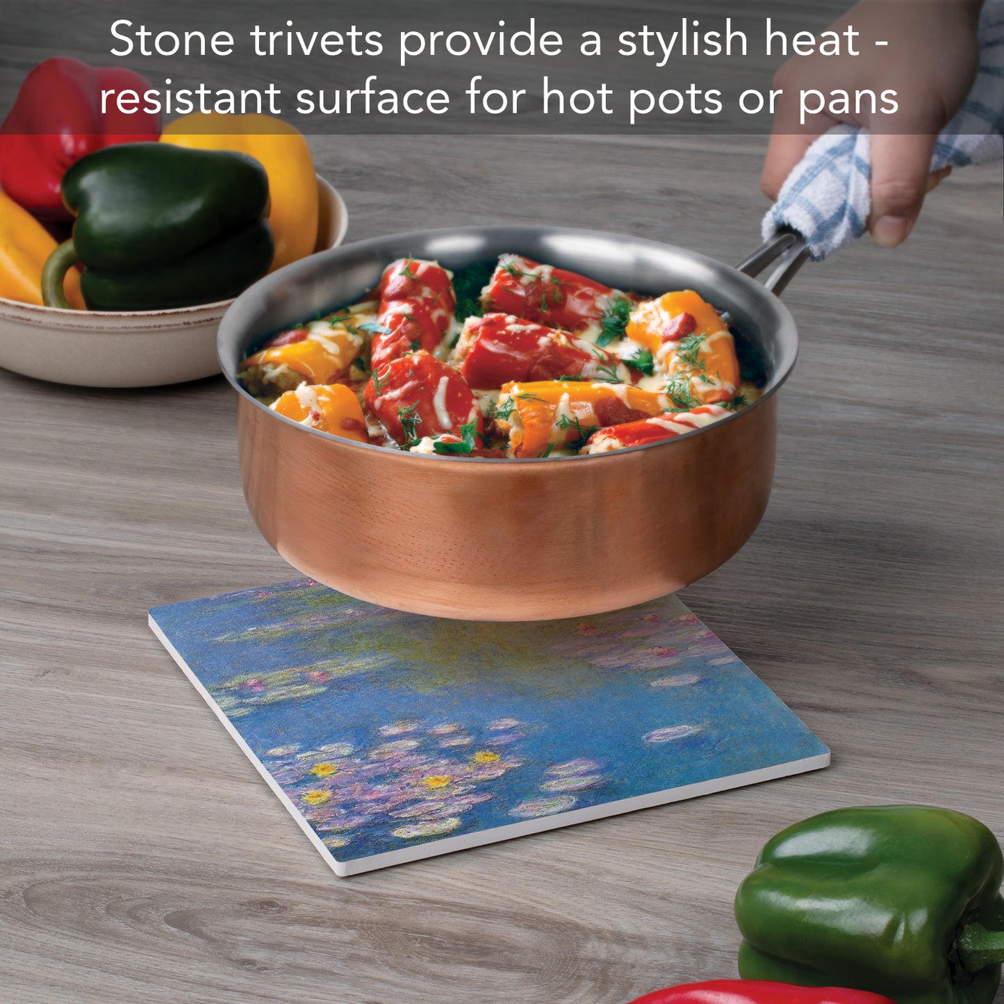 Thirstystone Monet Water Lilies Decorative Heat Tolerant Stone Trivet with Non-Skid Cork Backing 8” Square Artistic, Durable, Easily Wipes Clean