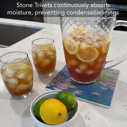 Thirstystone Monet Water Lilies Decorative Heat Tolerant Stone Trivet with Non-Skid Cork Backing 8” Square Artistic, Durable, Easily Wipes Clean