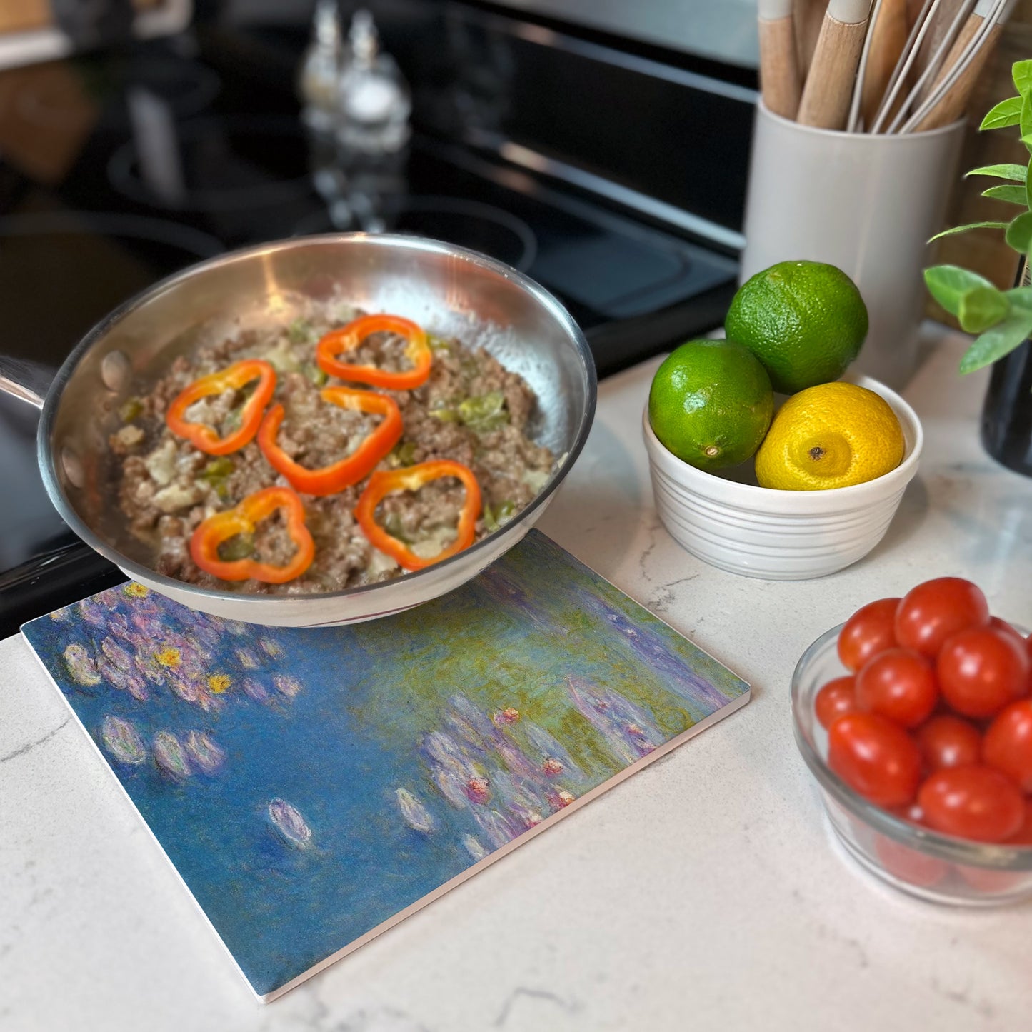Thirstystone Monet Water Lilies Decorative Heat Tolerant Stone Trivet with Non-Skid Cork Backing 8” Square Artistic, Durable, Easily Wipes Clean