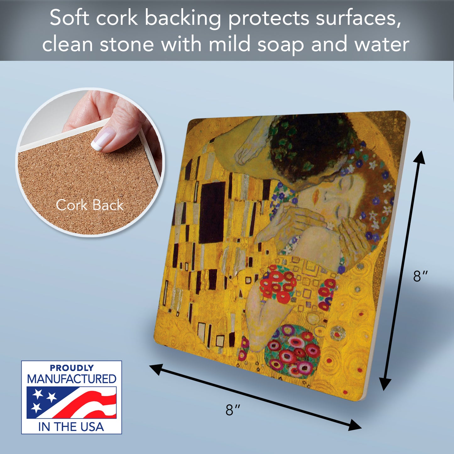 Thirstystone The Kiss Decorative Heat Tolerant Stone Trivet with Non-Skid Cork Backing 8” Square Artistic, Durable, Easily Wipes Clean