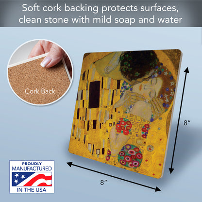 Thirstystone The Kiss Decorative Heat Tolerant Stone Trivet with Non-Skid Cork Backing 8” Square Artistic, Durable, Easily Wipes Clean