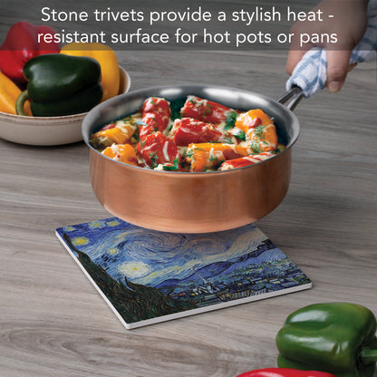 Thirstystone Starry Night Decorative Heat Tolerant Stone Trivet with Non-Skid Cork Backing 8” Square Artistic, Durable, Easily Wipes Clean