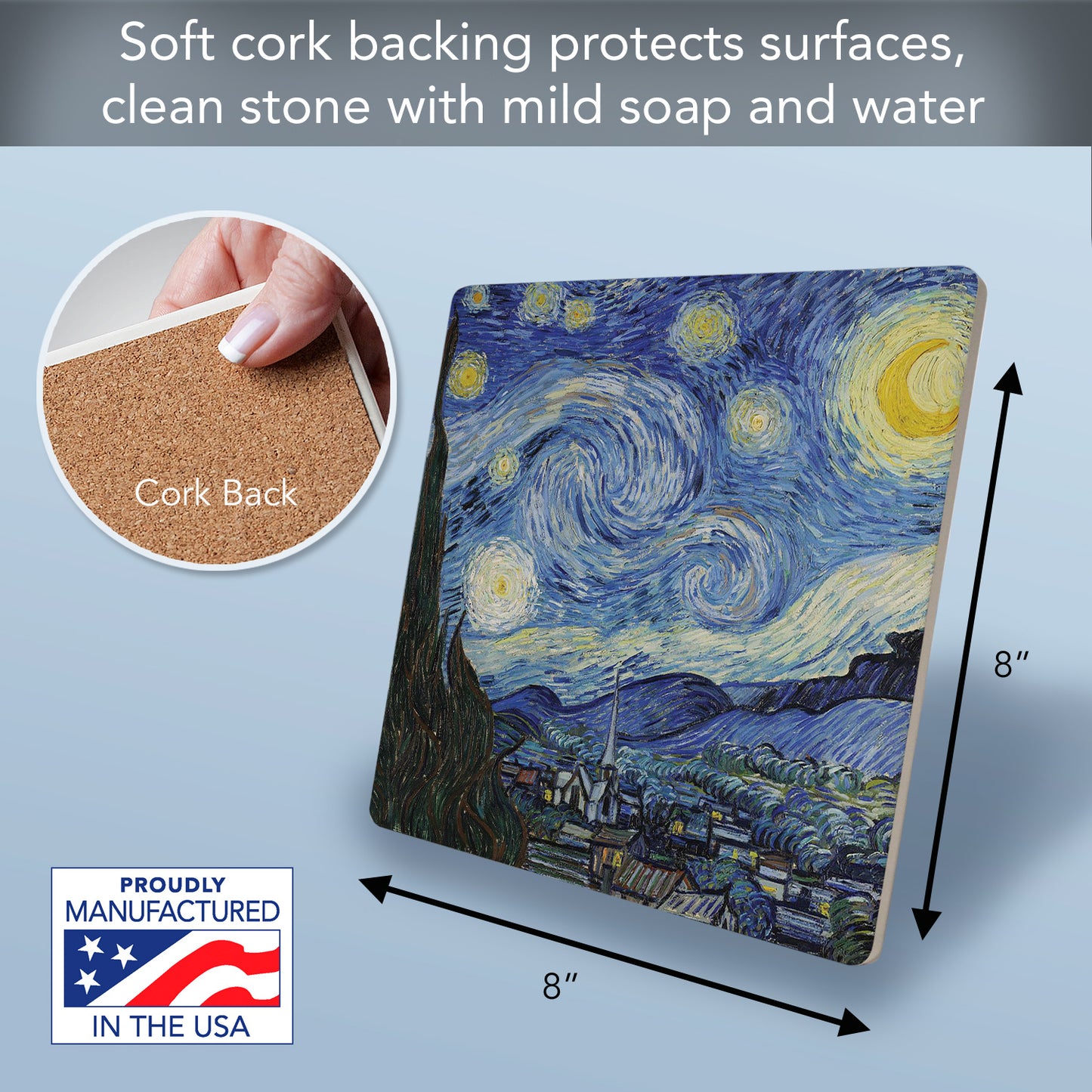 Thirstystone Starry Night Decorative Heat Tolerant Stone Trivet with Non-Skid Cork Backing 8” Square Artistic, Durable, Easily Wipes Clean