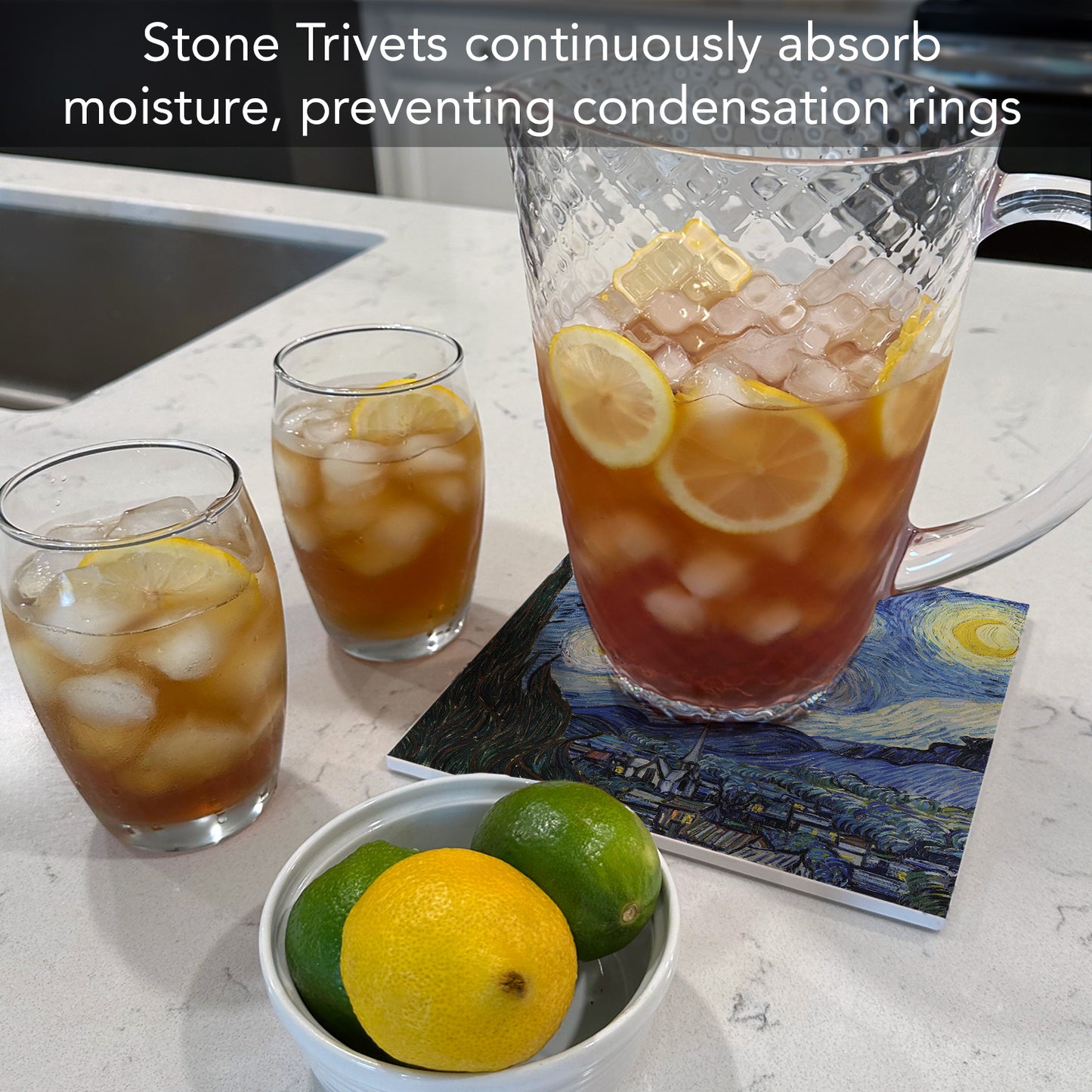 Thirstystone Starry Night Decorative Heat Tolerant Stone Trivet with Non-Skid Cork Backing 8” Square Artistic, Durable, Easily Wipes Clean